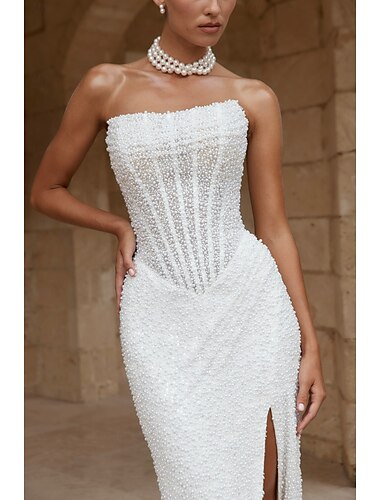  strandbruiloft jurk met verlaagde taille en korsetjurk met glitter &Glinsterende parels bustier trouwjurken zeemeermin / trompet off-shoulder mouwloze vloerlange bruidsjurken met gerimpelde details en