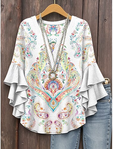  Damen Retro-Bluse mit geschichteten Rüschärmel Vintage Blumenmuster Paisley Bohemia Vintage Tägliche 3/4-Ärmel V-Ausschnitt Reguläre Tops Tägliche Urlaubsferien Bekleidung Print Weiß Rot Blau Grün