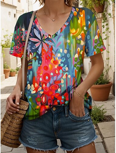  Pentru femei Tricou Ombre Floral Grafic Epocă Stilat Clasic Manșon scurt În V Topuri obișnuite Zilnic Imprimeu Roșu-aprins Albastru piscină Trifoi Vară Primăvară