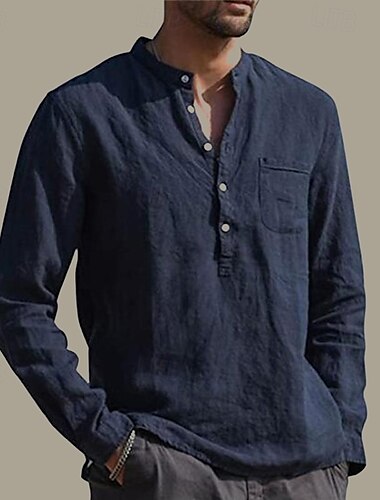  heren popover shirts zwart marineblauw lange mouwen effen henley vakantie hawaiiaanse kleding kleding mode casual ademend