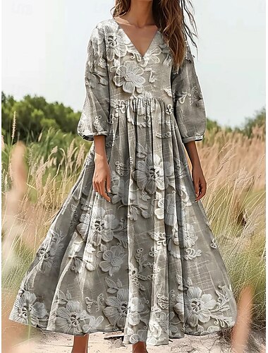  Damen Maxikleid aus Baumwolle und Leinen, Sommerkleid, Plisseekleid, Urlaub, lässig, Boho, Outdoor, Ausgehen, Strand, Blumenmuster, Paisleymuster, 3/4-Länge, leinenähnliche Ärmel, V-Ausschnitt, grau,