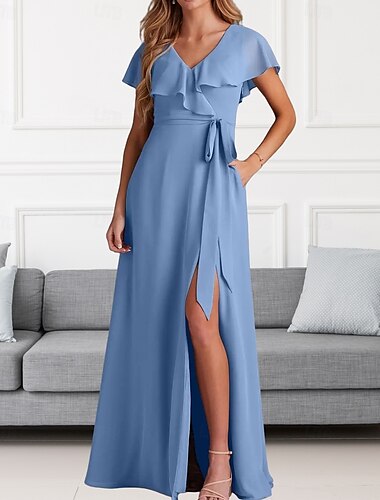  A-Linie Brautjungfernkleid V-Ausschnitt Kurzarm elegant bodenlang Chiffon mit Schärpe / Schleife / Rüschen / Schlitz vorne 2025