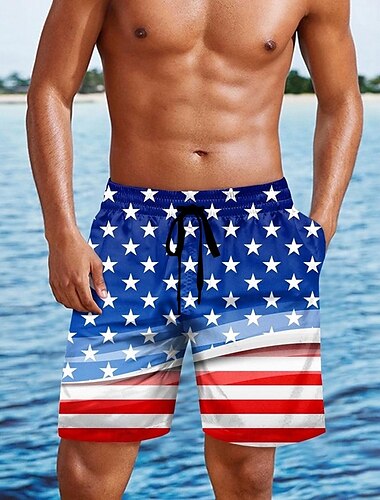  Tag der Unabhängigkeit Herren Amerikanische US-Flagge Patriotisch Badehosen Badeshorts Boardshorts Mittlere Taille Hawaiianisch Ferien Seitentaschen Netzfutter Elastischer Kordelzug in der Taille