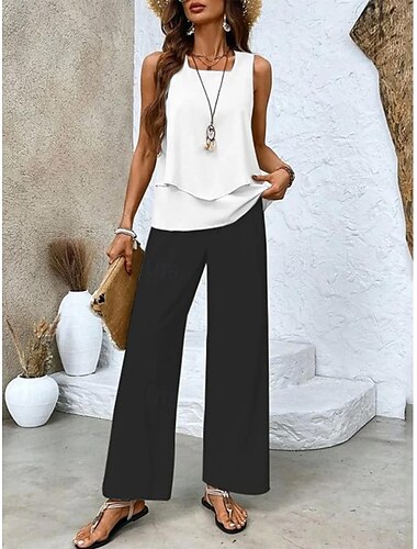  Damen 2 Teile Mode Streetwear Tägliche Camis Hosen Sets Ärmeloses Quadratisches Dekolleté Grafisch Gestreift Druck Outdoor Lässig Täglich Weiß Rot Blau Sommer Weit Schnitt