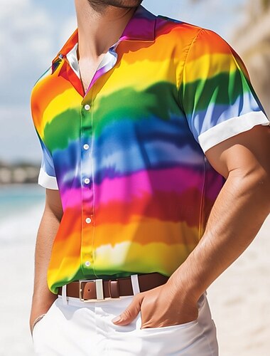  Hombre Arco iris A Rayas Orgullo Camisa Camisa de verano Abotonar la camisa Manga Corta Moda informal Festivos Verano Primavera Cuello Vuelto Impresión 3D camisas con cuello Arco Iris