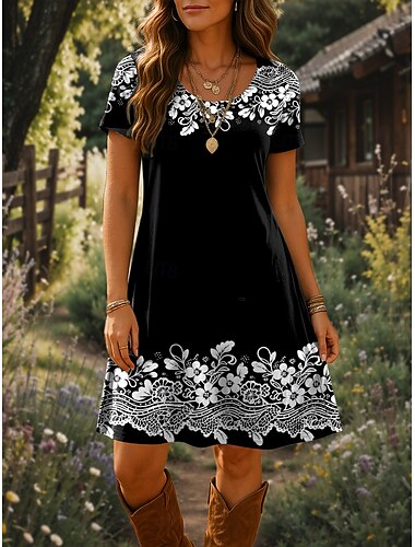  Damen Minikleid T-Shirt-Kleid A Linie Kleid Sommerkleid Urlaub Lässig Boho Täglich Ausgehen Strand Normale Passform Blumen Grafik Paisley-Muster Kurzarm Rundhalsausschnitt Schwarz Blau Beige Sommer