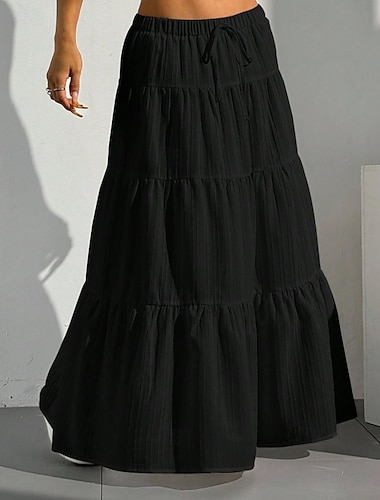  Damen Rock Schwingend Mode Maxi Mittlere Hüfthöhe Röcke Einfach Gerafft Kordelzug Mikroelastisch Urlaub Ausgehen Schwarz Weiß Rot Braun Sommer Polyester