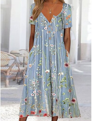  Damen Midikleid Sommerkleid Faltenkleid Urlaub Lässig Strand Ferien Lässiger Schnitt Blumen Grafik Kurzarm Rundhalsausschnitt Blau Grün Grau Sommer