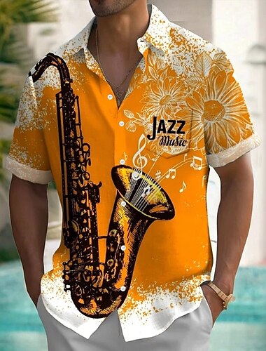  Herren Musikinstrument Jazz Hemd Sommerhemd Knopfhemd Kurzarm Vintage-Retro Outdoor Ferien Sommer Frühling Umlegekragen 3D-Druck Hemden mit Kragen Eine Tasche vorne Orange