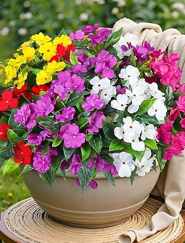  6 paquetes de flores artificiales de impaciencia para decoración de exteriores, ramo de flores de seda, plantas falsas resistentes a los rayos UV para primavera, verano, jardín, porche, ventana,