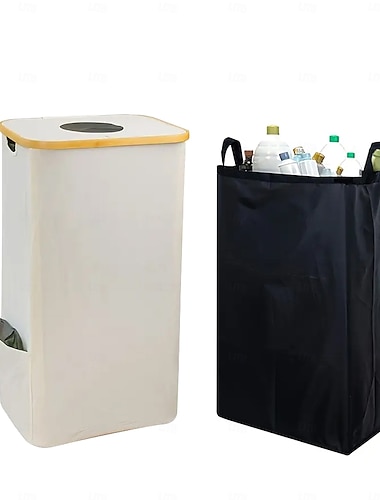  Poubelle de recyclage avec couvercle et sac intérieur amovible et réutilisable, organiseur de déchets en tissu Oxford à cadre en bambou de 100 litres avec contrôle des odeurs, 4 tiges de support pour