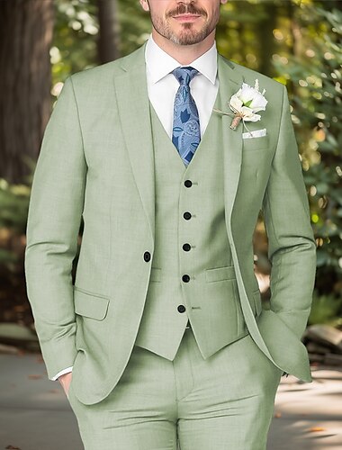  costumes de mariage en lin pour hommes sauge lilas mode d'été costumes formels couleur unie coupe standard 3 pièces simple boutonnage un bouton