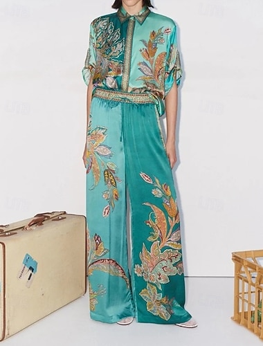  Per donna Moda Streetwear Camicie di cotone e lino Set di Pantaloni Mezza Manica Colletto a Camicia Floreale Stampato Abbigliamento quotidiano Data Azzurro cielo Estate Vestibilità regolare