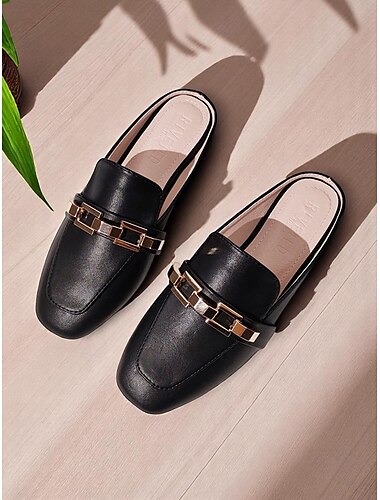  Schwarze Damen-Mule-Loafer mit goldenem Kettendetail, flache Slipper ohne Fersenpartie für die Arbeit, den täglichen Arbeitsweg und den Business-Casual-Look