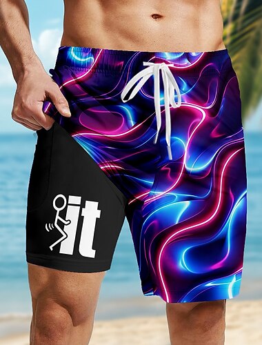  Herr Geometrisk Linjer / vågor Neon Fodrade shorts 2 i 1 simshorts Badshorts Medium Midja Hawaiisk Helgdag Sidfickor Med kompressionsfoder Elastisk dragsko i midjan Designer Kläder
