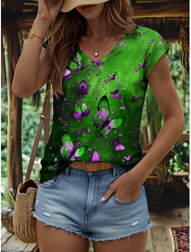  Damen-Trägershirt mit Tieren, Schmetterling, Vintage, tropisch, stilvoll, ärmellos, kurze Ärmel, V-Ausschnitt, normale Oberteile, Alltagsdruck, Gelb, Rot, Blau, Lila, Grün, Sommer, Frühling