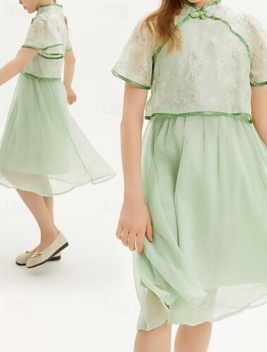  Enfants Fille Robe Couleur Unie Manche Courte Extérieur Maille Patchwork Adorable Polyester Mi-long Robe Décontractée Été 4 ans et + Vert