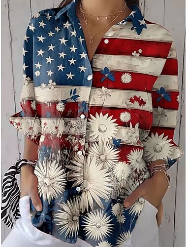  Unabhängigkeitstag Frauen Patriotic Fourth of July Shirt Grafik Flagge Vintage Stylisch Lässig Langarmshirt Kragen Reguläre Oberteile Täglich Weiß Rot Blau Sommer Frühling