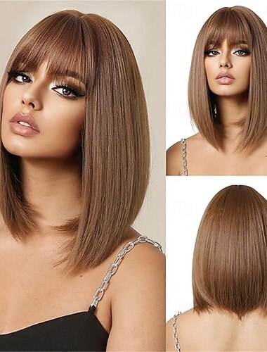  Ombre Blonde Bob Wig With Bangs Short Straight Wig For Women Synthetic Hair Wigs for Daily Party Cosplay Wear