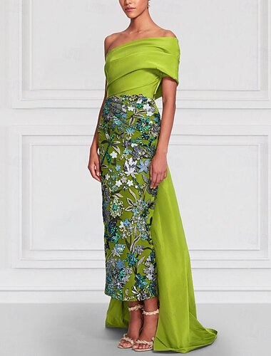  Schlauchkleid Bodenlang Perlenbestickt Abendkleid Kleid der Brautmutter Abendkleid Ballkleid mit Überrock Festliche Kleidung Elegant Farbblock Hoher Schlitz Kurzarm Schulterfrei Hochzeit Formell