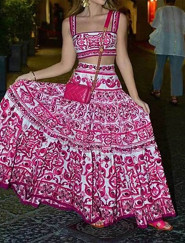  Dames Rok Schommel Bohemen Modieus Boho Maxi Medium taille Rokken Bloemig Afdrukken Micro-elastisch Vakantie Straat blauw Rode roos Zomer Polyester