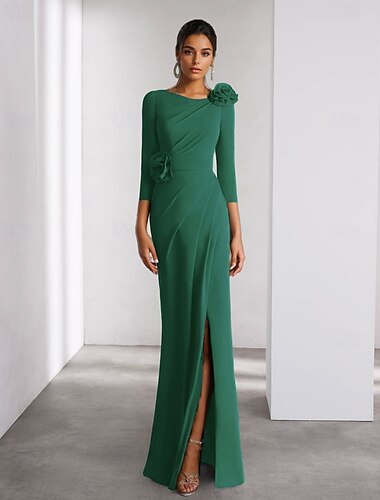  Abito da sera A-Line elegante abito formale matrimonio lunghezza a terra maniche lunghe scollatura a girocollo staccabile in crepe elasticizzata con fiore sulla spalla