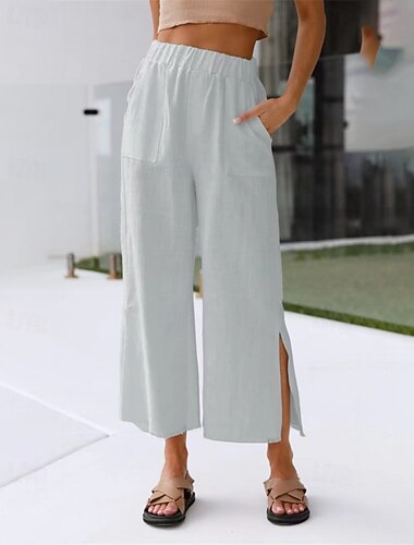  Mujer Pantalones de lino y algodón pantalones Ropa de calle Casual Longitud total Cintura Media Plano Bolsillo Cintura elástica Separado Confortable Al Aire Libre Cómodo Festivos Fin de semana Ocre