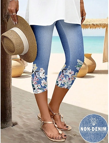  Leggings pour femmes Capri Pantalons Impression 3D Haute Élasticité Mode Vintage Style Ethnique Longueur Mi-mollet Haute Taille Imprimé Graphique Floral Extensible Vacances Rue Décontracté Bleu Œuf