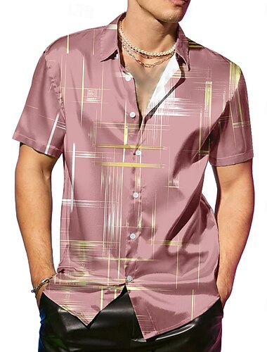 Herren Geometrisch Linie Satinhemd Kleidhemd Knopfhemd Kurzarm Modisch lässig Urlaub Party-Abendmode Täglich Sommer Frühling Umlegekragen Hemden mit Kragen Knopf hoch 3D-Druck Schwarz Rosa Blau