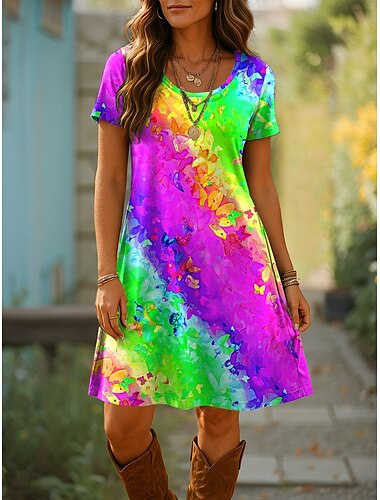  Damen Minikleid T-Shirt-Kleid A Linie Kleid Sommerkleid Lässig Täglich Normale Passform Ombre Grafik Geometrisch Kurzarm Rundhalsausschnitt Blau Purpur Orange Sommer Frühling