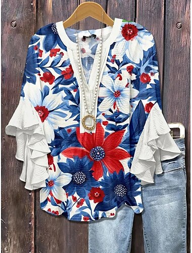  Damen Bluse Blumen Grafik Elegant Vintage Täglich Dreiviertelarm V Ausschnitt Normale Oberteile Täglich Ferien Urlaubskleidung Rüsche Druck Schwarz Weiß Hellgrün Sommer Frühling