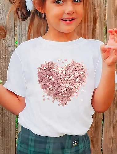  Mädchen 3D Herz T-Shirt Kurzarm Sommer Frühling Mode Basic Kinder 4-12 Jahre Rundhalsausschnitt Outdoor Lässig Täglich Normale Passform