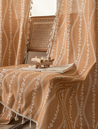  Boho Vorhänge Bedruckte Baumwoll-Leinen Stangen-Taschen Vintage Bauernhaus Bohemian Quasten Fensterbehandlung 1 Paneel Terracotta Streifen Blumen für Schlafzimmer Esszimmer