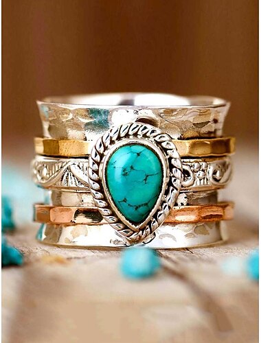  Statement-Ring für Damen im Boho-Stil mit Türkis – Vintage-Silber-Multiband-Design mit Tropfenstein für Freizeit, Reisen und Festivals