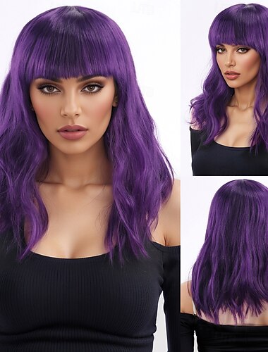  Synthetic Wig Bouncy Curl Water Wave Layered Haircut Neat Bang Machine Made Wig 16 inch A1 Synthetic Hair Women's Classic Thick Comfortable Purple