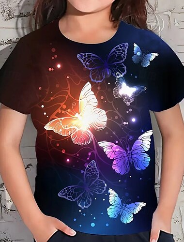  Kinder Mädchen T-Shirt Schmetterling Outdoor Kurzarm Rundhalsausschnitt Streetwear Ab 4 Jahren Sommer Schwarz Rote Blau