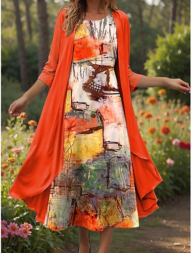  Femmes Robe Ensemble Robe fourreau Robe d'été Occasionnel Graphique Abstrait Imprimé Robe Midi Manche 3/4 Col ras du cou Quotidien Bleu Violet Orange Été Printemps Coupe régulière