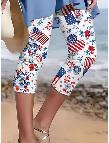 Unabhängigkeitstag Damen Patriotische Fourth of July Capri-Hosen Leggings Urlaub Mode Streetwear Wadenlänge Hohe Taille Hosen Stern Farbverlauf Gestreift Druck Atmungsaktiv Weich Dehnbar
