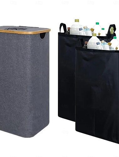  Pfandflaschen Sammelbehälter Recyclingbehälter für Küche, Innenbereich, Zuhause, 100 l Wäschesammler mit 2 herausnehmbaren Innentaschen, Bambusrahmen, Oxford-Gewebe, selbstschließende obere Öffnung