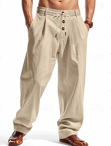  Voor heren Linnen broek Broek Zomerbroek Strandbroeken Zak Trekkoord Elastische taille Effen Comfort Ademend Vakantie Dagelijks Feestdagen Hawaii Boho Lichtkaki Zwart Micro-elastisch