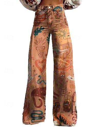  Retro Vintage 1970er Y2K Hose Hose mit weitem Bein Hippie Disco Hohe Taille Psychedelisch Jeans-Imitat Damen Karneval Alltagstauglich Musikfestival Retro-Mottoparty Erwachsene Hose