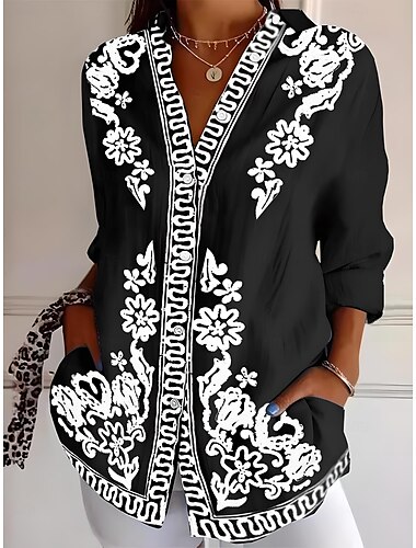  Femmes Chemise Fleuri Graphique Géométrique Occasionnel manche longue Col de chemise Hauts Réguliers Travail Quotidien Fête Boutons Imprimé Bleu Denim Noir Orange Bleu clair Été Printemps