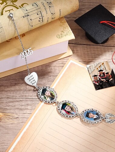  Gepersonaliseerde afstudeerfotobedel met kwastje en engelenvleugel, gepersonaliseerde hanger met drie foto's en jaartal, cadeau voor het afstudeerseizoen om jeugdige herinneringen te bewaren, uniek