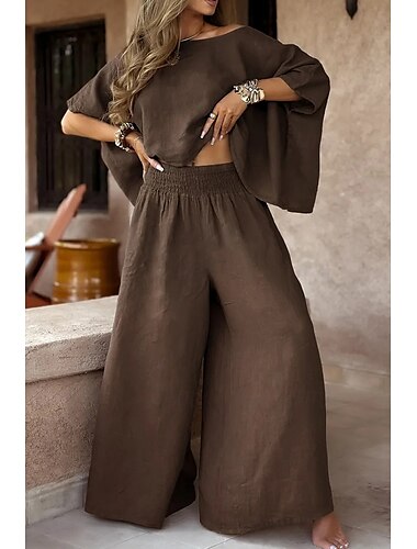  Damen Streetwear Basic Baumwoll-Leinen-Sets Halbarm Rundhalsausschnitt Einfarbig Alltagskleidung Schwarz Weiß Rote Sommer Normale Passform