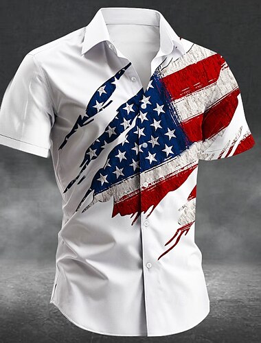  Tag der Unabhängigkeit Herren US Flagge Patriotisch Vierter Juli Hemd Sommerhemd Knopfhemd Kurzarm Modisch lässig Ferien Festival Sommer Frühling Umlegekragen 3D-Druck Hemden mit Kragen Weiß Blau