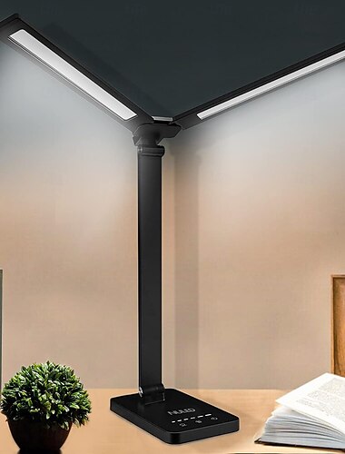  Lámpara de escritorio LED de doble cabezal, control táctil regulable y 5 modos de iluminación, brazos oscilantes dobles, puertos de carga USB, lámparas de mesa que cuidan la vista para piano vertical,