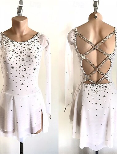  Eiskunstlaufkleid Damen Mädchen Eislaufen Kleid Marineblau Weiß Rosa Patchwork Offener Rücken Netzstoff Hohe Elastizität Training Wettbewerb Eiskunstlaufkleidung Klassisch Kristall / Strass Langarm
