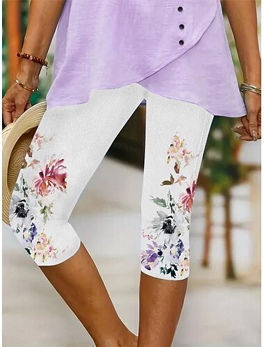  Damen Leggings Urlaub Vintage Mode Wadenlang Hohe Taille Blumen Grafik Blatt Drucken Atmungsaktiv Weich Dehnbar Formell Outdoor Urlaub Rubinrot Weiß Rosa Sommer Frühling Schmale Passform