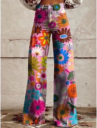  Rétro Vintage Boho Années 1970 Pantalon Pantalon à jambes larges Hippie Disco Taille haute Fleuri Marguerite Style faux jean Femmes Carnaval Décontracté Quotidien Festival de Musique Soirée à thème