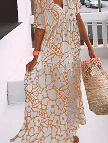  Damen Langes Kleid Maxikleid Boho-Kleid Druckkleid Klassisch Modern Outdoor Urlaub Ferien Normale Passform Blume Kurzarm V Ausschnitt Schwarz Orange Grün Sommer